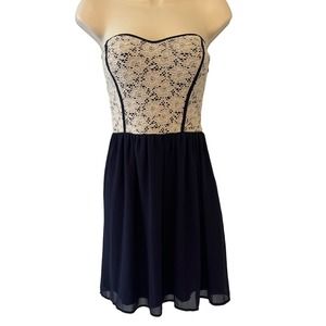 Prevett Strapless Dress Medium Blue Chiffon Ivory Lace Trim Above Knee Pre-owned